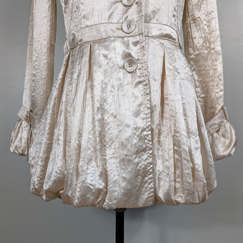 Y2K Satin Jacket L Cream Gold Trench Bubble Whimsigoth Artsy Button Crinkle - Picture 4 of 9